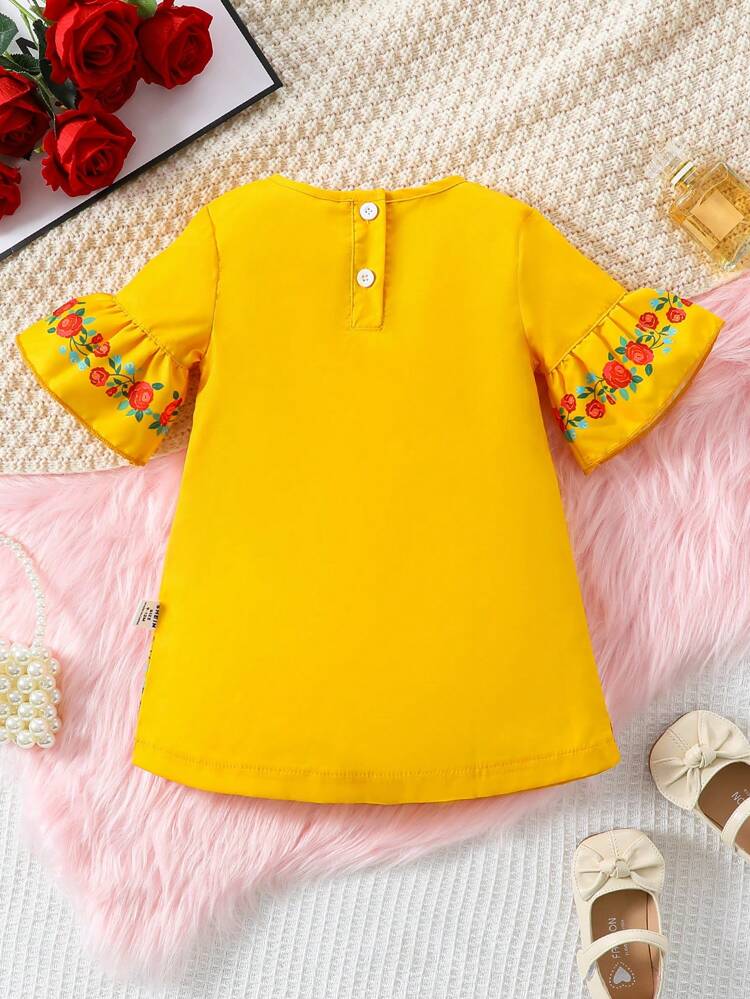 Baby Girl Bohemian Mid-Sleeve Straight Dress With Rose Printed Pattern