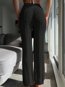 SHEIN Swim 純色鏤空針織罩衫 - 黑色 - 查看 2