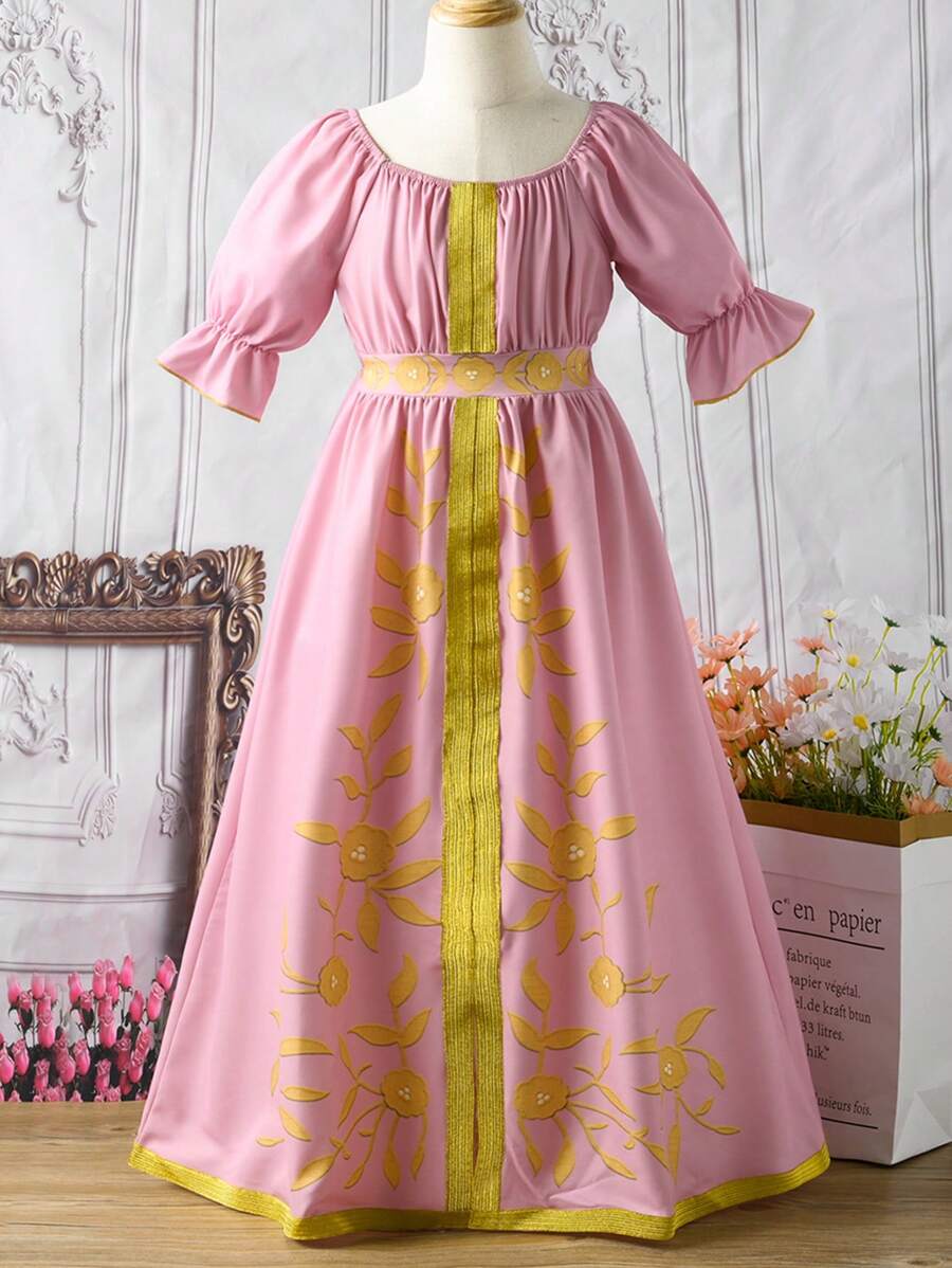 SHEIN Tween Girl's Printed Tape Patchwork Short Sleeve Dress