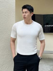 Manfinity Homme Plain Round Neck Knitted Short-Sleeve Top - White - View 1