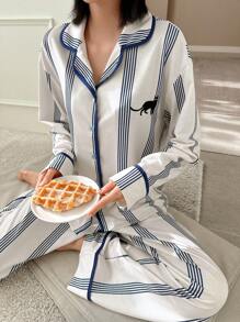DAZY Bộ đồ ngủ dài tay họa tiết mèo sọc màu trắng và quần dài cho nữ, trang phục mùa thu - trắng - Xem 5