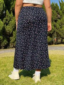 SHEIN MOD 大尺碼女士黑底花卉印花高開岔長裙 - 黑色 - 查看 3