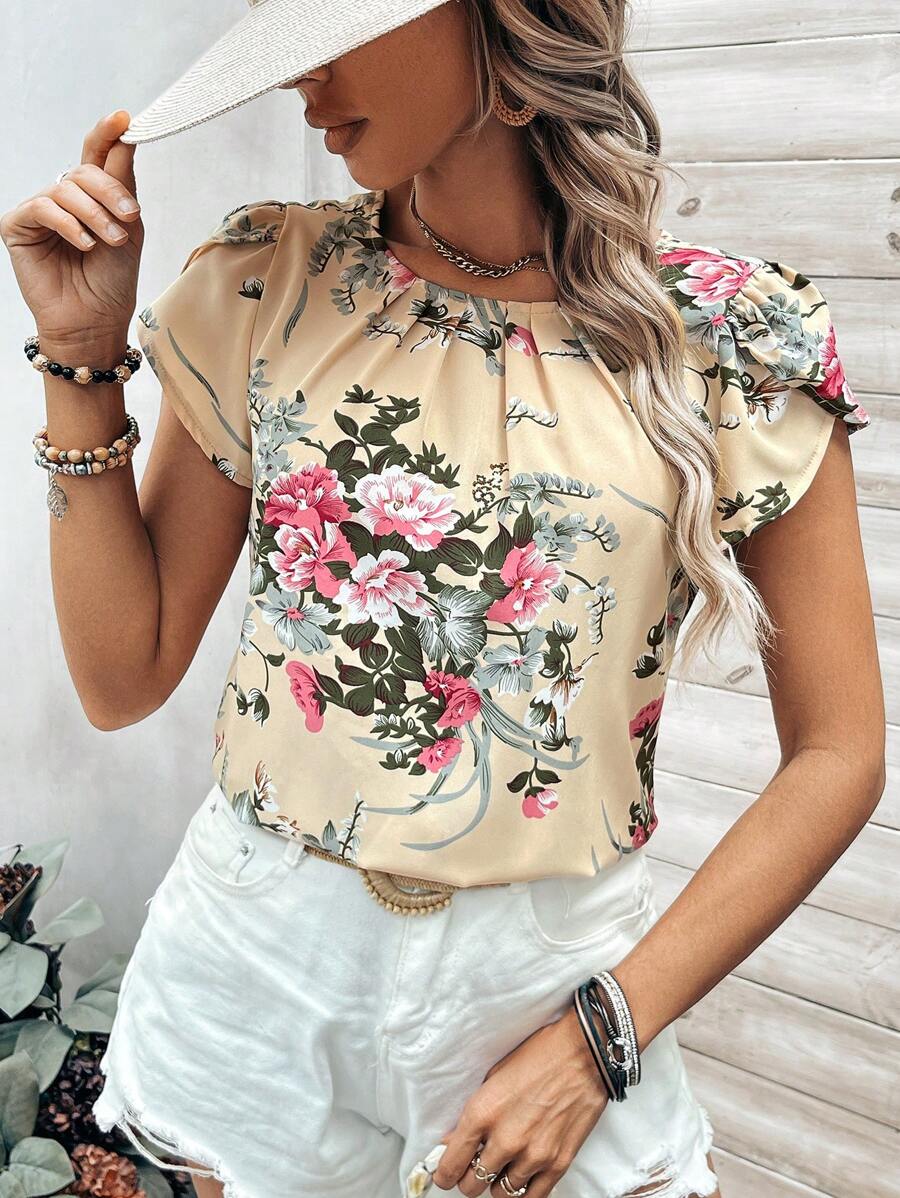 SHEIN LUNE 女士印花荷葉領襯衫