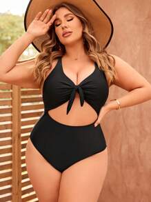 Swim Vcay Plus Size Summer Beach Solid Color Bow Front Hollow Out One-Piece Swimsuit