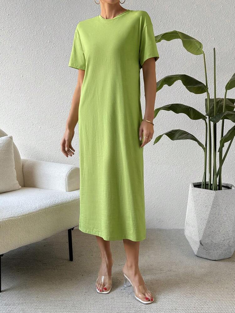 Mint Green Knitted Casual Long Dress With Back Twist Design For Spring & Summer