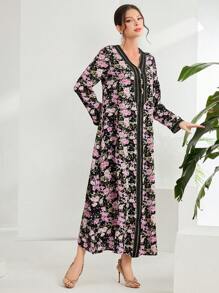 Al Najma 女士优雅花卉印花长袖连衣裙、朴素全长 Jalabiya 休闲长袖连衣裙 - 彩色 - 查看 6