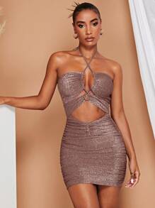 SHEIN BAE Knitted Glittery Halter Neck Bodycon Dress - Dusty Pink - View 6