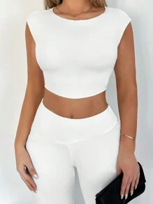 SHEIN SXY مجموعة نسائية مكونة من قطعتين ، بلوزة قصيرة وبنطلون واسع الساقين مصنوعة من نسيج محبوك باللون الأبيض - أبيض - مشاهدة 4