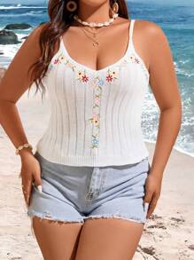 Flirla Plus Size Women's Stylish Floral Embroidery Knit Tank Top - White - View 6