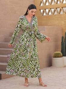 Al Najma Women's Full-Printed Long Sleeve Dress - Green - View 1