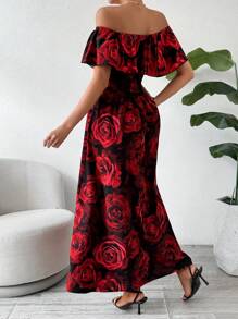 Breezaya Valentine's Day Women's Red Floral Off-Shoulder Shirred Decorated Romantic Holiday Dress For New Year Clothes Maxi Women Outfit - Red - View 2