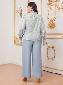 Modelyn Plus Size Women's Stand Collar Top And Wide Leg Pants Set With Gold Foil Print - Multicolor - View 2