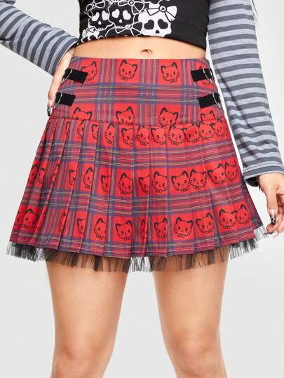 Kawaii Gonna Plissé Stampata Con Gatto Cartone Animato