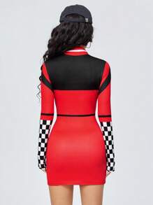 SHEIN EZwear 女士字母印花棋盤圖案裙子 - 紅色 - 查看 2