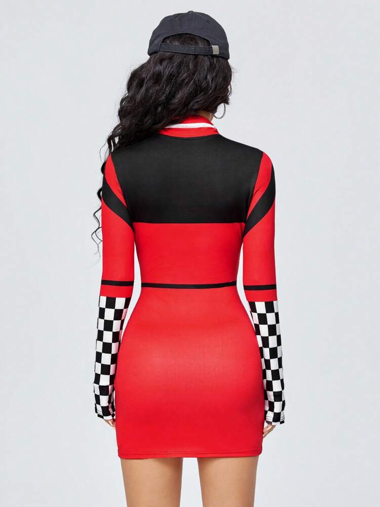 Women's Letter Print Checkerboard Pattern Dress