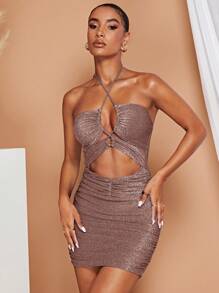 SHEIN BAE Knitted Glittery Halter Neck Bodycon Dress - Dusty Pink - View 4