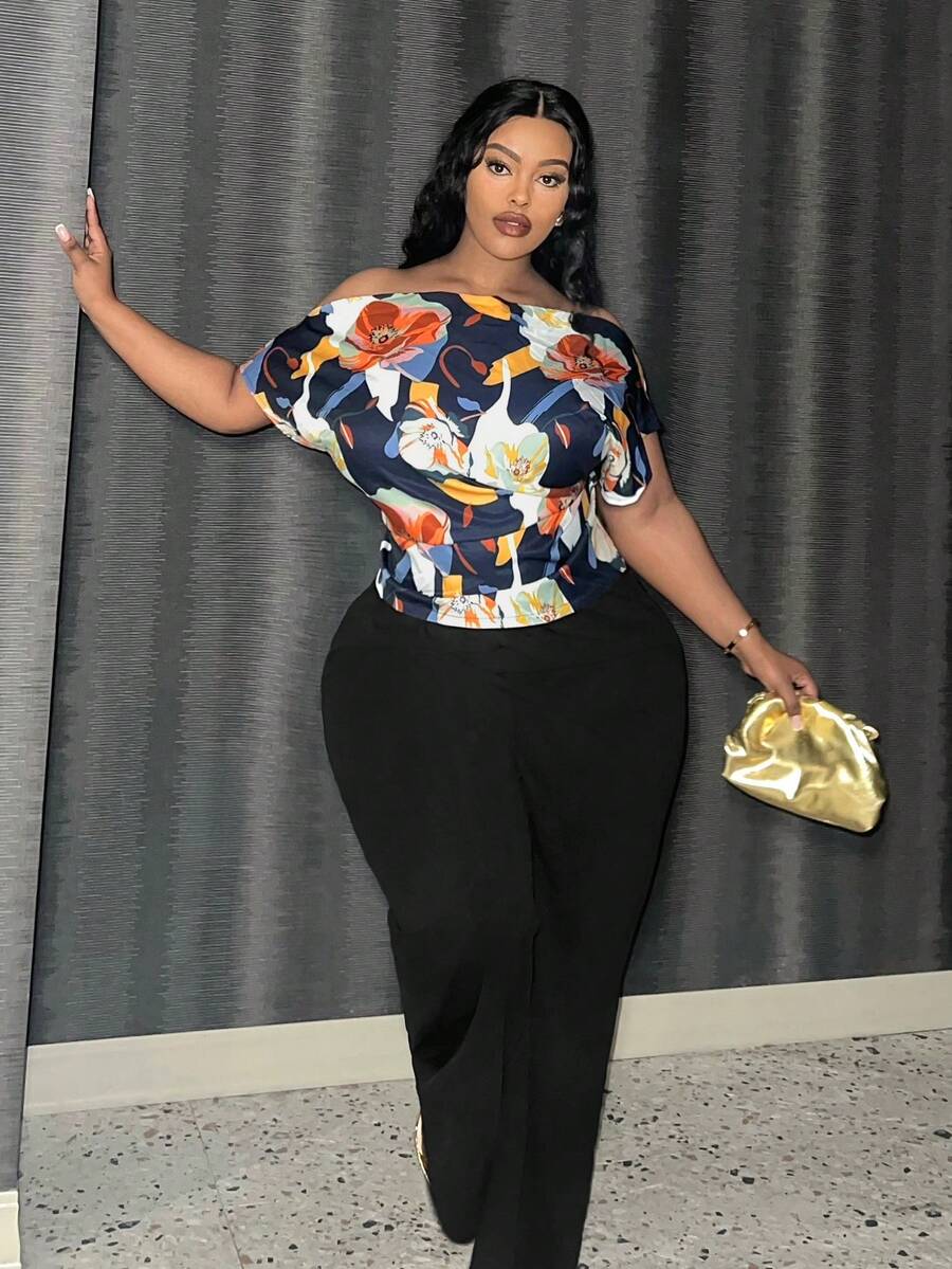 Slaydiva 優雅通勤不對稱領短袖上衣和寬腿褲女裝大碼2件套裝，大花圖案 - 彩色 - 查看 1