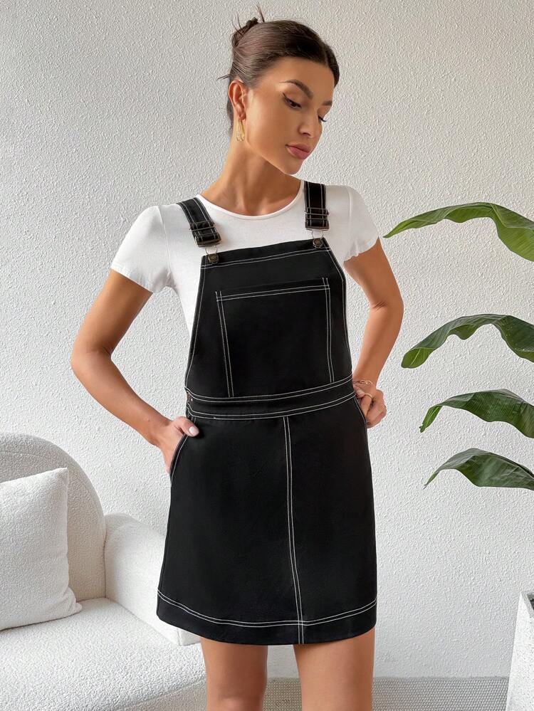 1pc Solid Color Woven Casual Suspender Dress