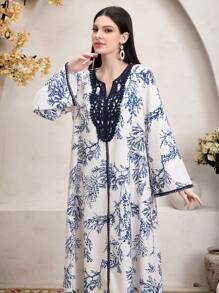 Al Najma 缺口 V 领印花休闲日常长袖衬衫、端庄全长 Jalabiya、休闲长袖连衣裙、卡夫坦 - 藍色 - 查看 4