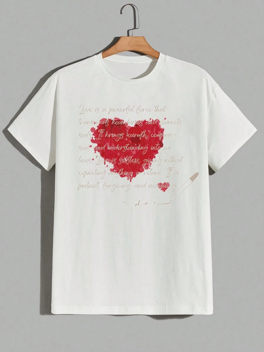RueChic Men's Handwritten English Heart Symbol Printed T-Shirt - White - View 1