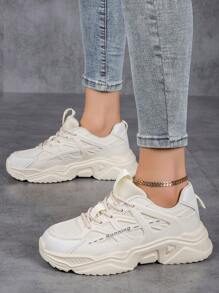 Zapatillas Deportivas De Moda Con Suela Gruesa Y Delantera Deportiva Para Mujeres, Colección Diaria De Zapatos De Mujer Elegantes Y Modernos, Con Gráficos De Colores Y Plataforma Con Cordones, Llevados Para Mujeres Atléticas, Transpirables, Ligeras Y Adecuadas Para Correr Y Deportes Al Aire Libre - Beis - Ver 4