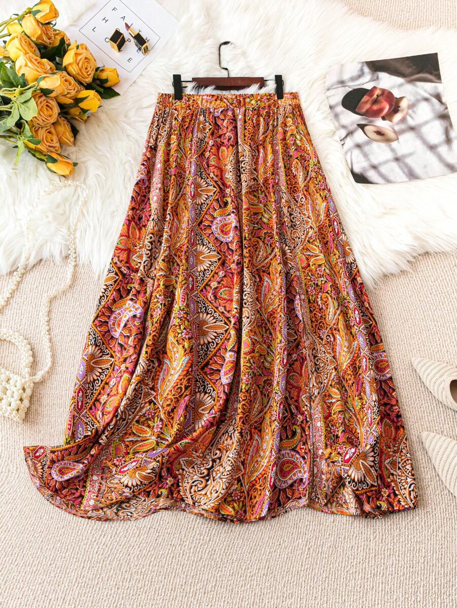 SHEIN LUNE Plus-Size Paisley Printed Skirt Maxi Women Outfit