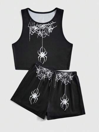 Goth Spider Web & Spider Printed Tank Top And Shorts Sleepwear Set
