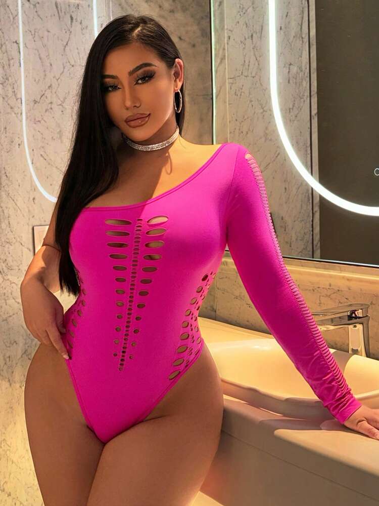 Valentine's Day Ladies Sexy Rose Red  Party Sexy Nightclub Hot Girl Chest Details Waist Details Arm Details Fishnet Slope Neck Asymmetrical Collar Long Sleeves High Elastic Seamless High Elastic Silk Short Bodysuit