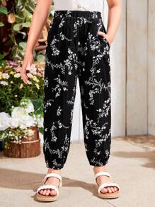 SHEIN 年輕女孩鬆身彈力口袋布花印休閒長褲 - 彩色 - 查看 1