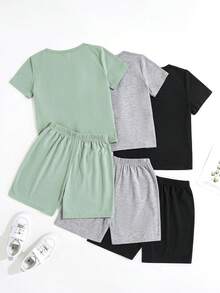 3 Random Sets Of Young Boy Casual Minimalist Short Sleeve T-Shirt And Shorts 2-Piece Outfits, Classic Cool Graphic Letter Print, Suitable For Summer - Multicolor - View 2