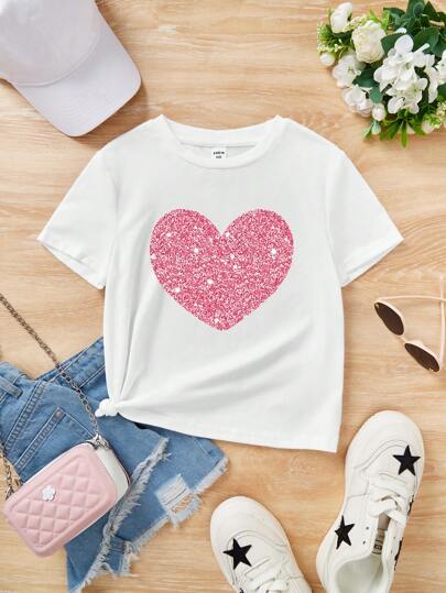 SHEIN Leap Crew Camiseta De Manga Corta Con Cuello Redondo De Patrón De Corazón Para Chicas Adolescentes, Informal Y Simple, Perfecta Para El Verano