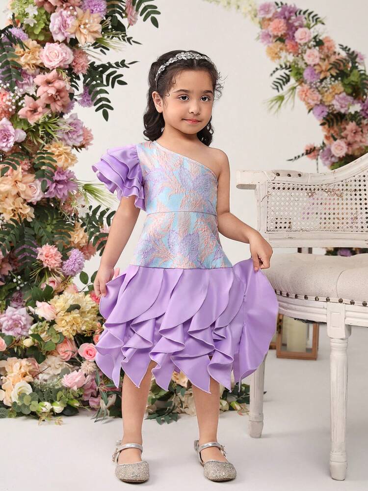 Tween Girls' Loose, Cute & Vintage Oblique-Shoulder Ruffle Trim Dress, Palace Style