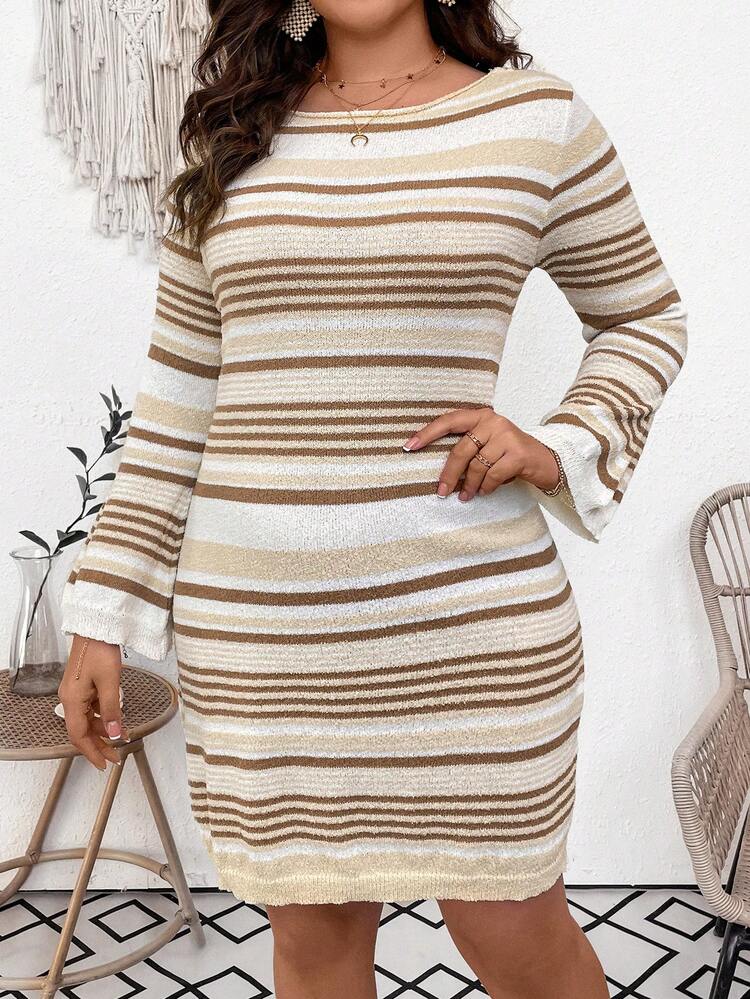 Plus Size Colorblock Striped Open Back Sweater Dress With Waist Tie