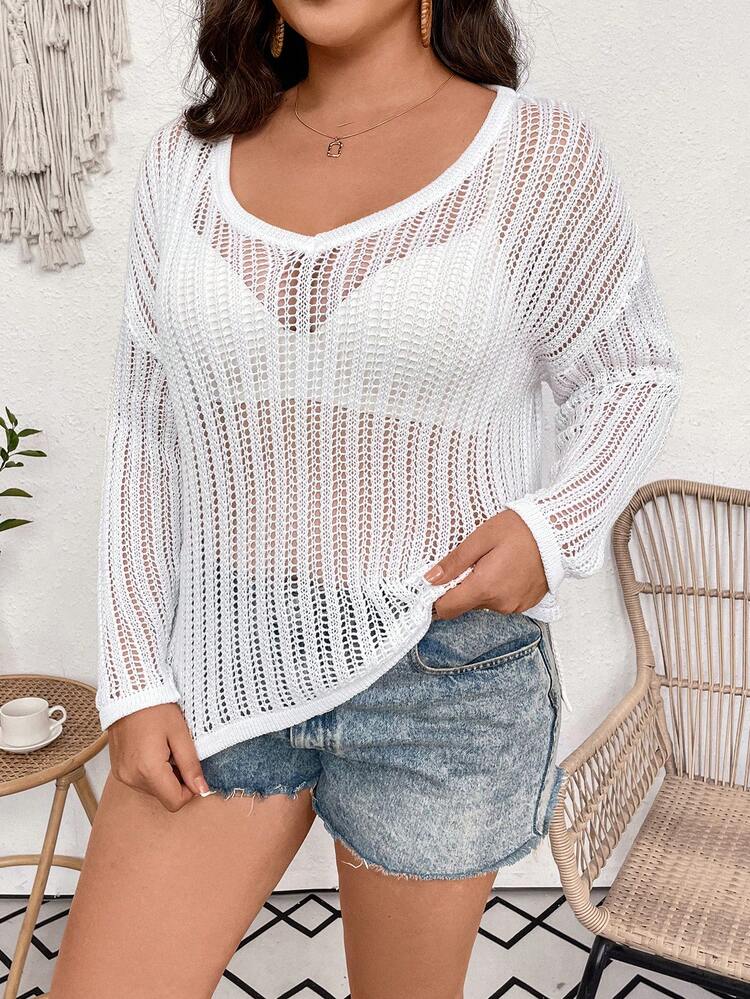 Plus Size Women's Hollow Out V-Neck Sweater Knit Pullover Fall Winter