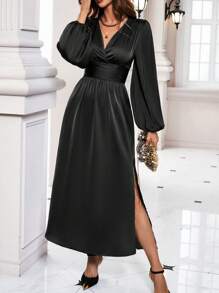 SHEIN Clasi 女式深v領提花袖高開叉連衣裙 - 黑色 - 查看 4