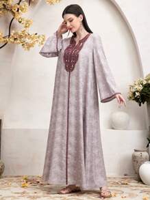 Al Najma Contrast Color Embroidered Applique Notched-Neck Long Sleeve Kaftan With Slit Hem, Modest - Multicolor - View 1
