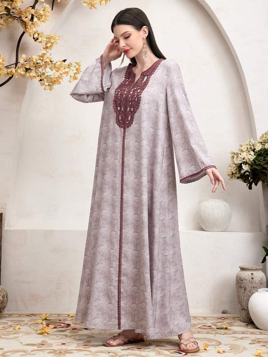 Al Najma Contrast Color Embroidered Applique Notched-Neck Long Sleeve Kaftan With Slit Hem, Modest - Multicolor - View 1