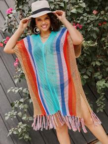 SHEIN Clasi Plus Size Women's Colorful Striped Hollow Out Knitted Sweater Dress - Multicolor - View 5