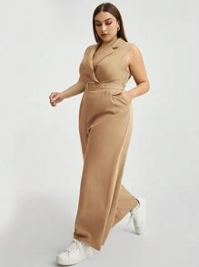 SHEIN Essnce 大尺碼女式拼接色露背無袖吊帶連體褲 - 卡其色 - 查看 6