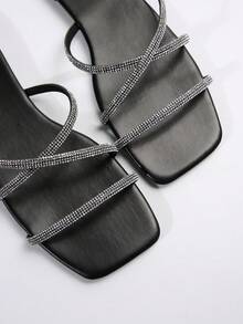 Black Thin Strap Rhinestone Multi-Strap Sandals, New Summer Women's French Fashion Versatile Slides - Black - View 7