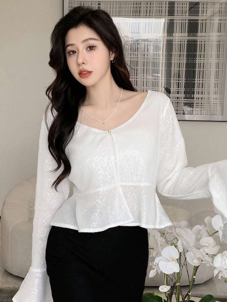 Solid Color Glitter Long Sleeve Crop Blouse With Flare Cuffs For Women,Ruffle