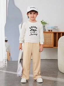 SHEIN Young Boys' Casual Sports Patch Side-Seam Split Straight Leg Athletic Pants - Apricot - View 3