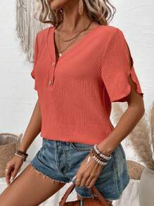 EMERY ROSE Women's V-Neck Button Up Half Placket Blouse