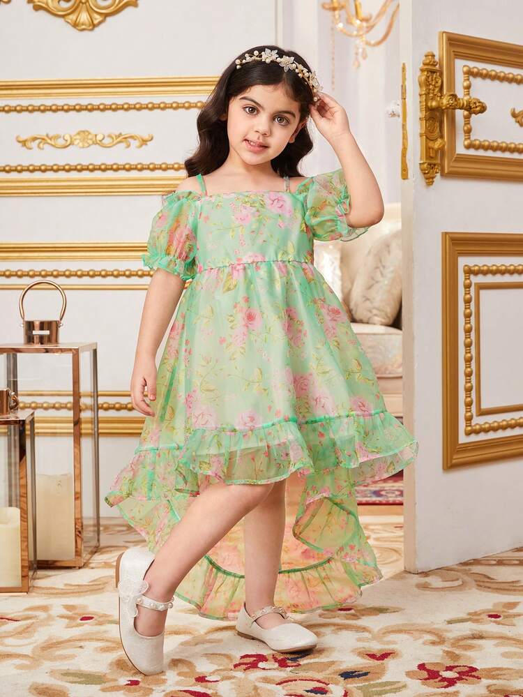 Young Girl Gorgeous Holiday Puff Sleeve High Low Dress