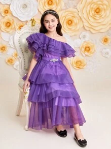 SHEIN Vestido elegante para niña preadolescente de color morado con dobladillo con volantes - Morado - Ver 1
