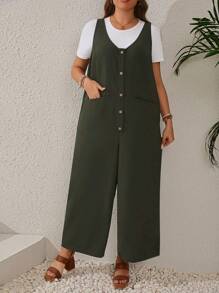 EMERY ROSE Plus Size Women'S Olive Green Jumpsuit With Buttoned Front, Split Design And Pockets - Army Green - View 3