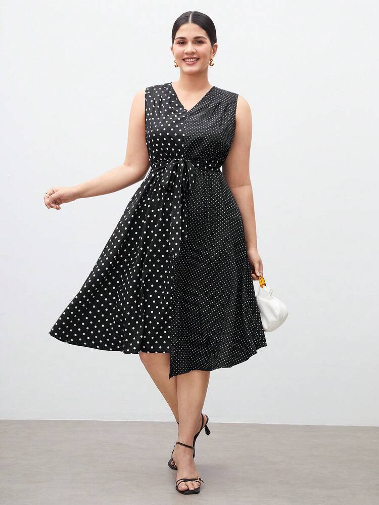 Plus Size Women's Polka Dot Patchwork Sleeveless Dress