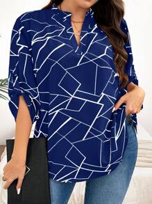 SHEIN Clasi Kích thước lớn Họa tiết Hình học Cổ áo có khía Áo sơ mi - Màu xanh hải quân - Xem 3