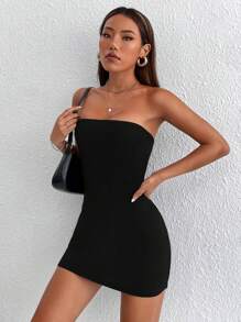 SHEIN PETITE Vestido De Cuerpo Sólido Sin Tirantes - Negro - Ver 4