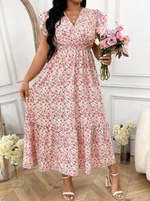 SHEIN Clasi 大码女式花卉印花盖袖 A 字型收腰连衣裙